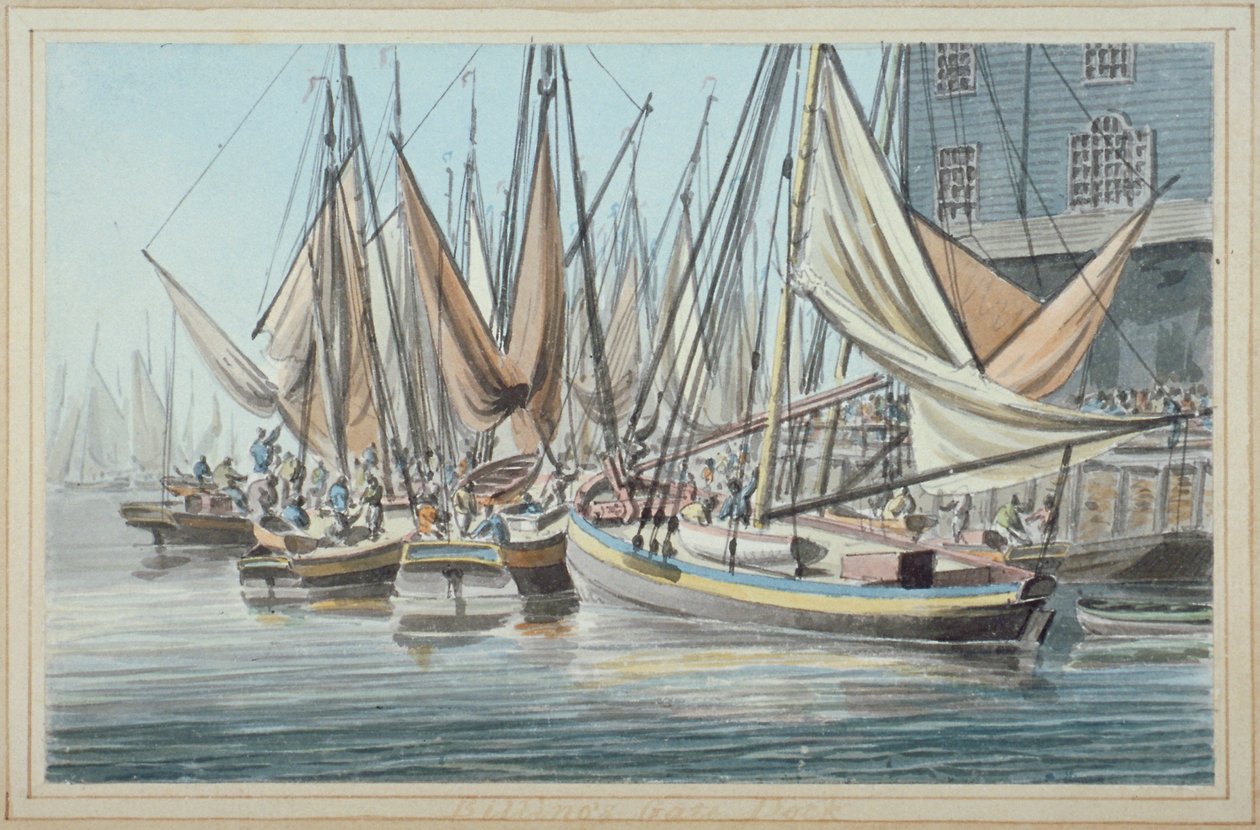Utsikt over Billingsgate brygge med båter på vannet, City of London, 1790. av Robert Clevely