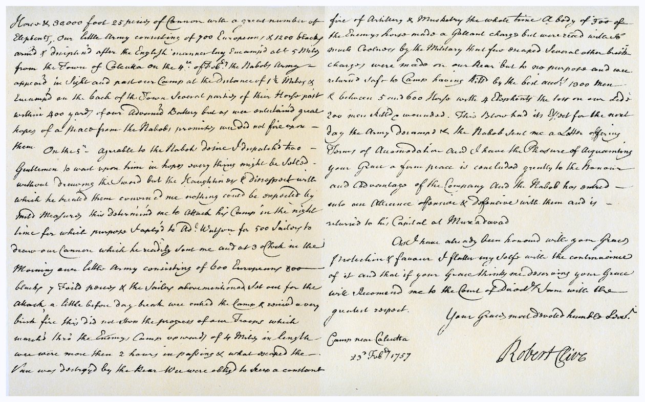 Brev fra Robert Clive til Thomas Pelham-Holles, 23. februar 1757. av Robert Clive