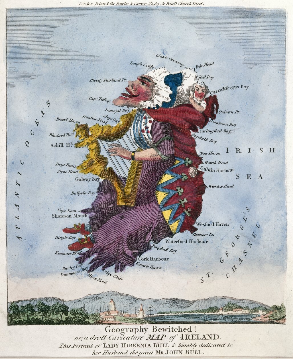 Geografi forhekset! eller et tullete karikaturkart over Irland. Dette portrettet av Lady Hibernia Bull er ydmykt dedikert til mannen hennes, den store Mr John Bull. [ca.1796] av Robert Dighton