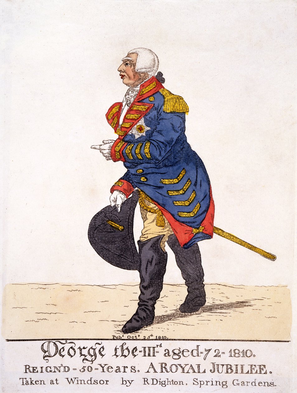 George III av Storbritannia i 1810 på sitt femtiårsjubileum, trykt av R Dighton etter hans egen tegning laget på Windsor, pub. 25. oktober 1810 (fargelitografi) av Robert Dighton