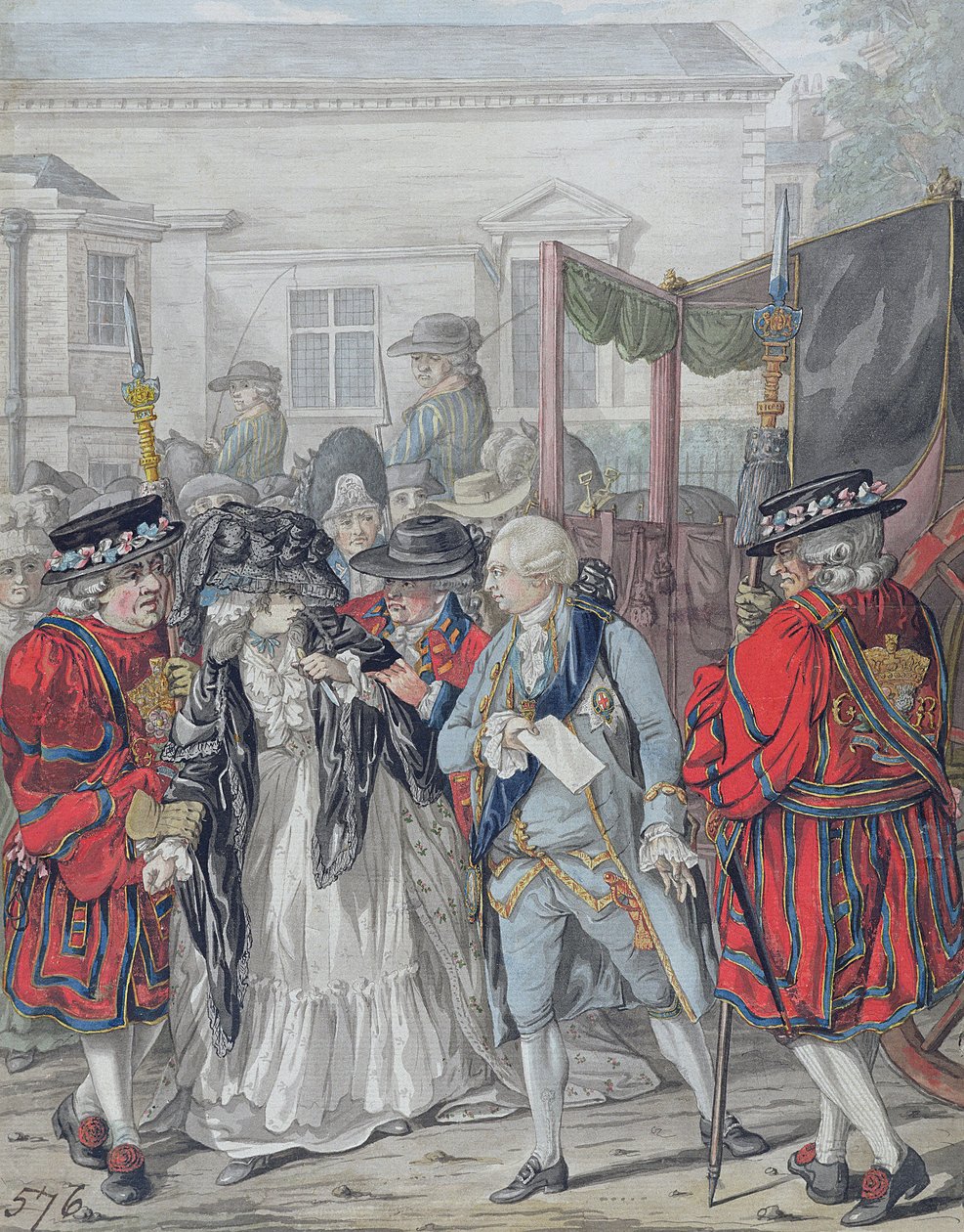 Margaret Nicholson forsøker å myrde Hans Majestet, George III (1738-1820), ved hageinngangen til St. James's Palace, 2. august 1786 (blyant, penn og svart blekk, akvarell og kroppsfarge på papir) av Robert Dighton