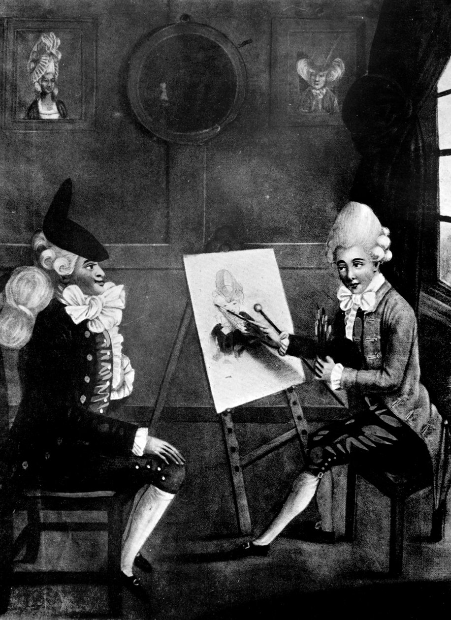 Makaronimaleren, eller Billy Dimple som sitter for bildet sitt, 1770 av Robert Dighton