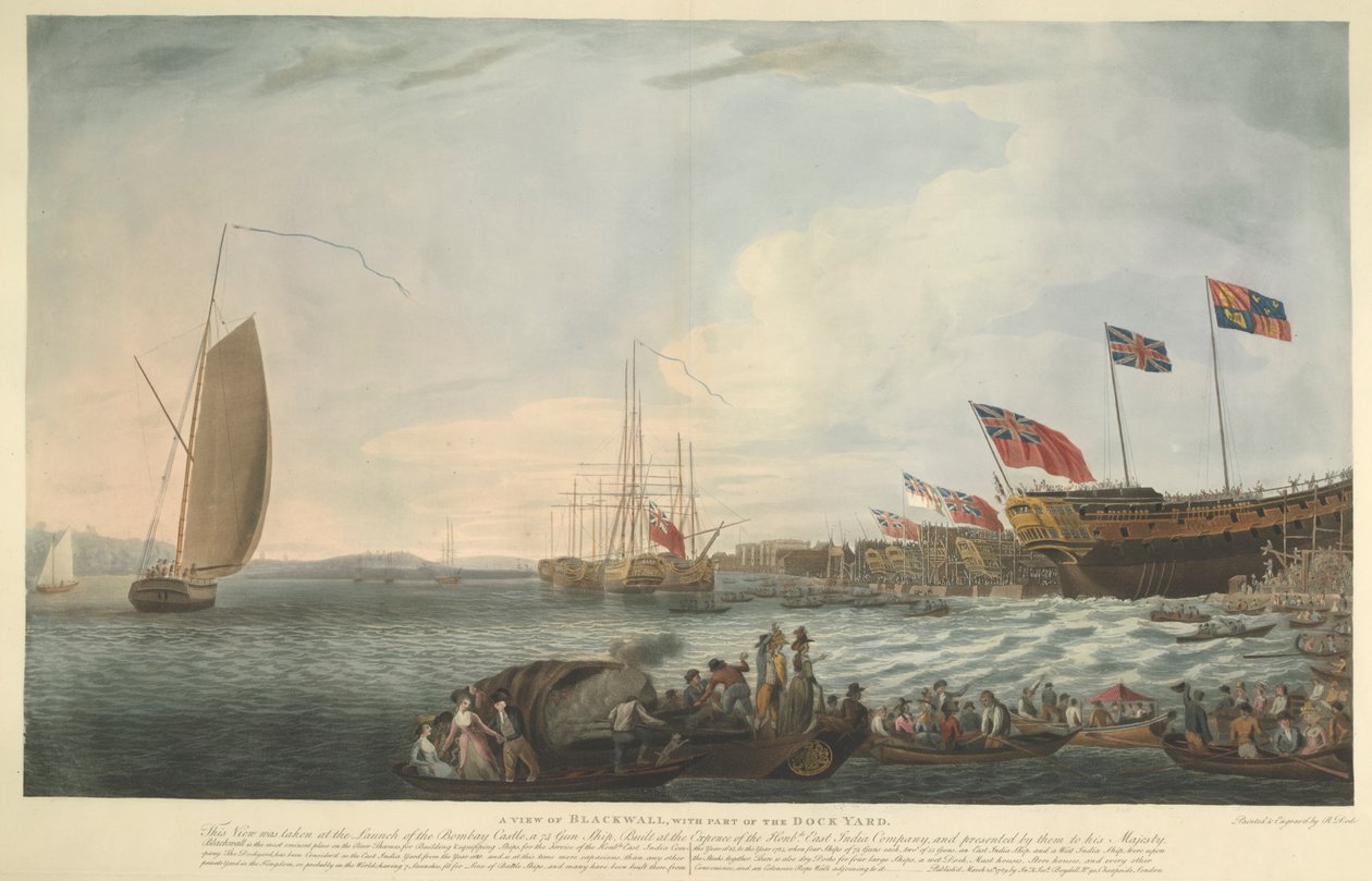 A View of Blackwall, med en del av Dockyard, ved lanseringen av Bombay Castle, 74 kanoner, bygget på bekostning av Hon. East India Company og presentert av dem til Hans Majestet i juni 1782 av Robert Dodd