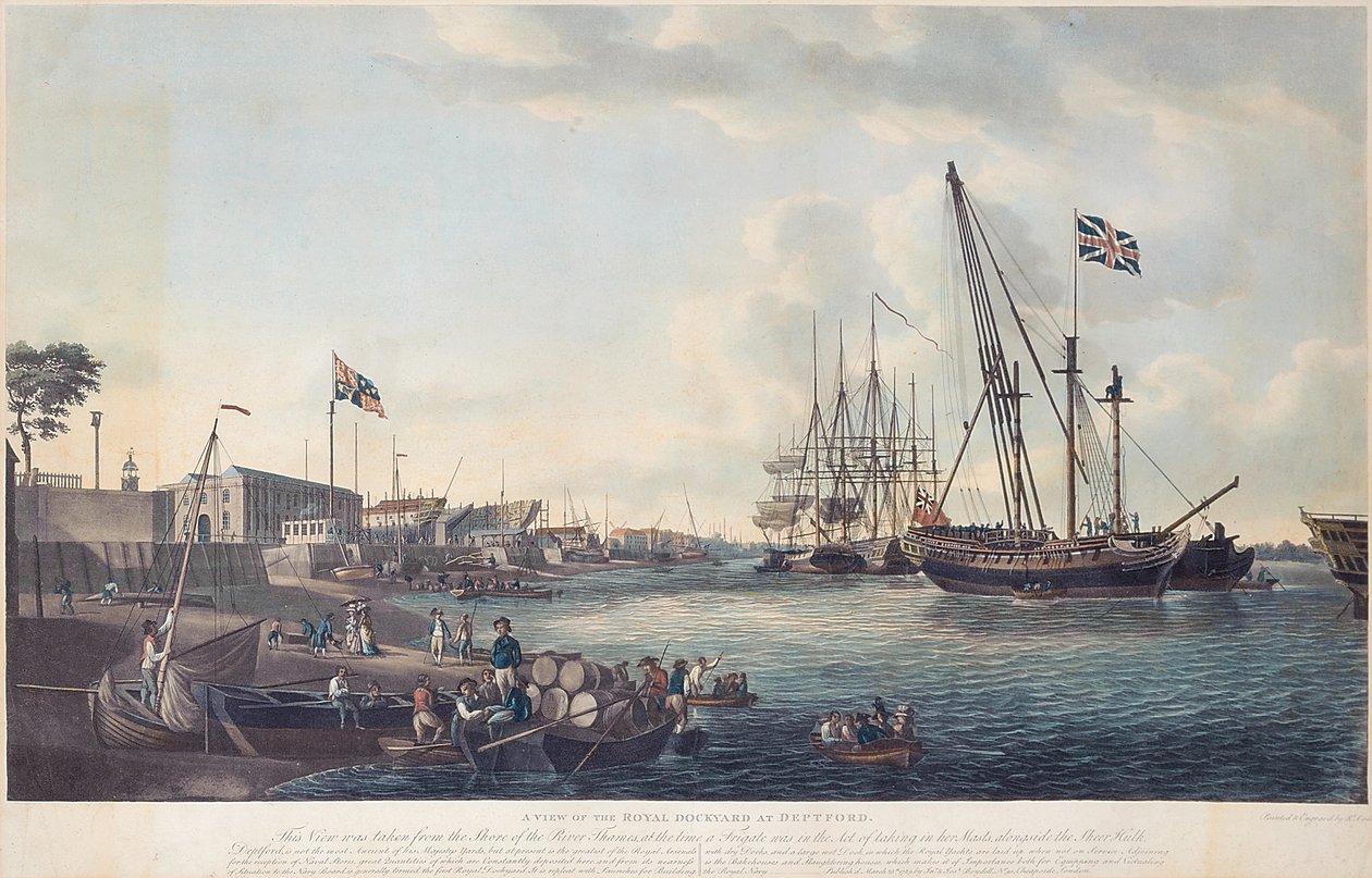 Utsikt over Royal Dockyard i Deptford, ca. 1789 av Robert Dodd