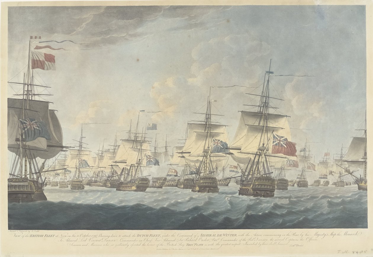 Slaget ved Kamperduin (1797): angrep fra den britiske flåten Utsikt over den britiske flåten ved middagstid den 11. oktober 1797, Bearing down for å angripe den nederlandske flåten (...) (tittel på objekt) av Robert Dodd