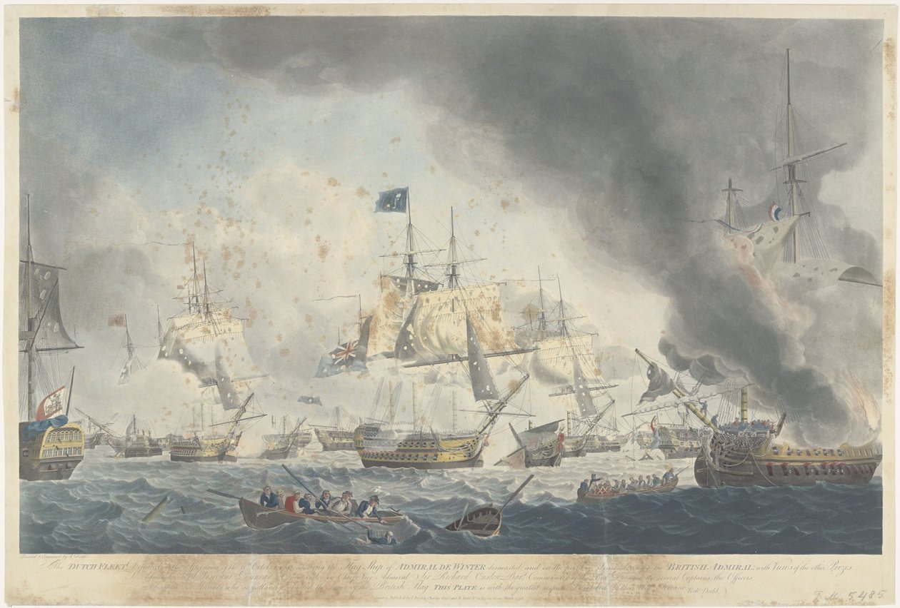 Slaget ved Kamperduin (1797): nederlag for den bataviske flåten Den nederlandske flåten ble beseiret på ettermiddagen den 11. oktober 1797, og viste flaggskipet til admiral De Winter dismasted (...) (tittel på objekt) av Robert Dodd