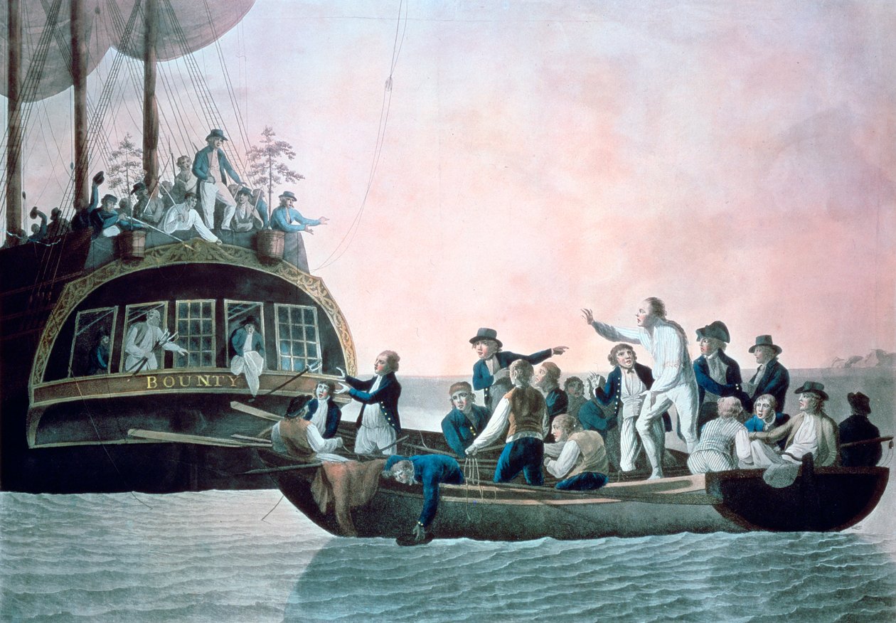 Mytteristene snur løyt Bligh ... og mannskapet på drift fra hans Majestys skip Bounty, 1790 av Robert Dodd