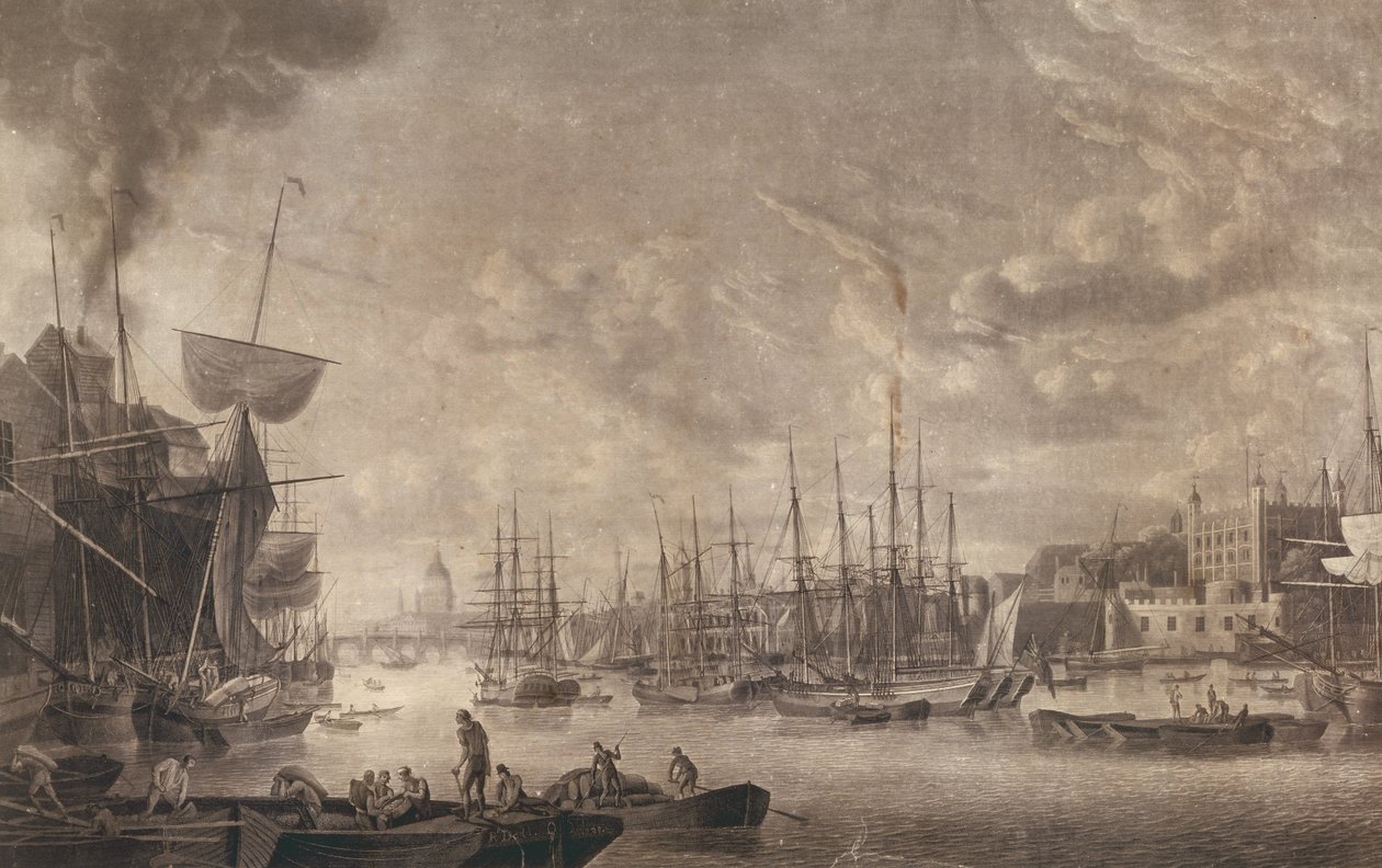 Utsikt mot London Bridge fra en båt fortøyd nær Tower of London, 1793 (akvatint) av Robert Dodd