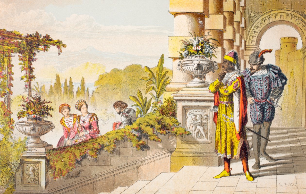 Cassio taler i Othello, akt III, scene III, «Madam, I#39;ll take my permission», fra «The Illustrated Library Shakespeare», utgitt i London 1890 (fargelitografi) av Robert Dudley