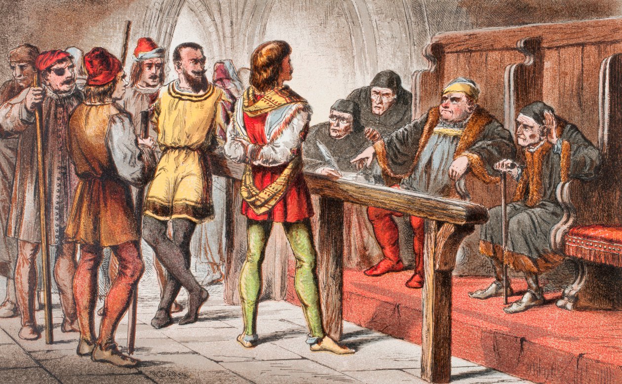 Dogberry snakker i Much Ado About Nothing, akt IV, scene II, «Skriv ned at de håper de tjener Gud; og skriv Gud først: for Gud forsvarer, men Gud bør gå foran slike skurker», fra «The Illustrated Library Shakespeare», utgitt i London 1890 (farge l av Robert Dudley