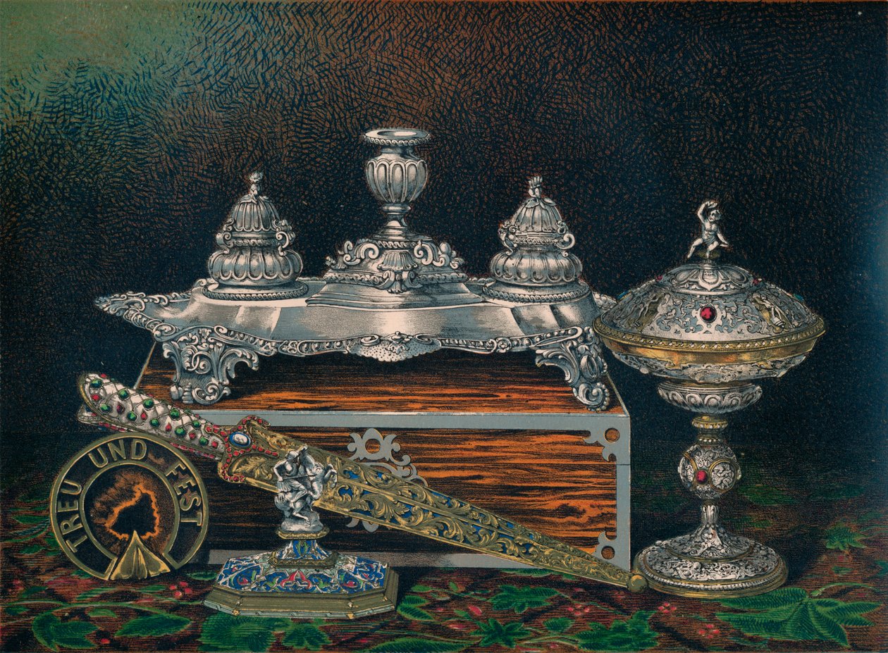 Blekkstativ, papirvekt, jaktkniv eller dolk, dekket Tazza, papirvekt, 1863 av Robert Dudley