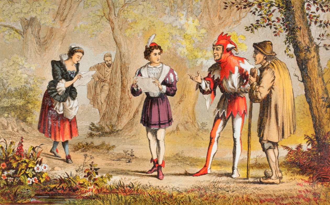Rosalind snakker i As You Like It, akt III, scene II, «Fred! Her kommer min søster», fra «The Illustrated Library Shakespeare», utgitt i London 1890 (fargelitografi) av Robert Dudley