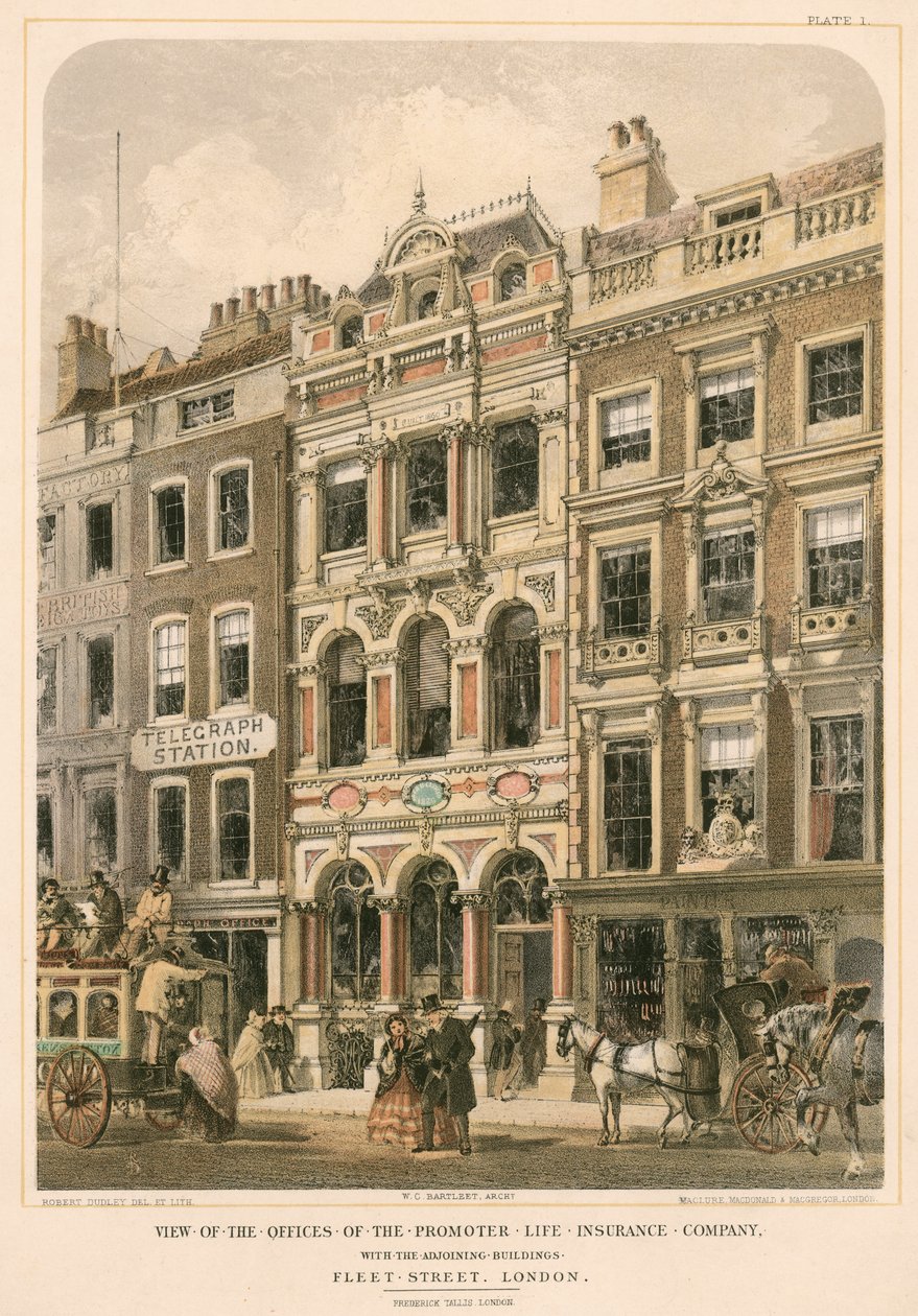Utsikt over kontorene til Promoter Life Insurance Company med tilstøtende bygninger, Fleet Street, London (fargelitografi) av Robert Dudley
