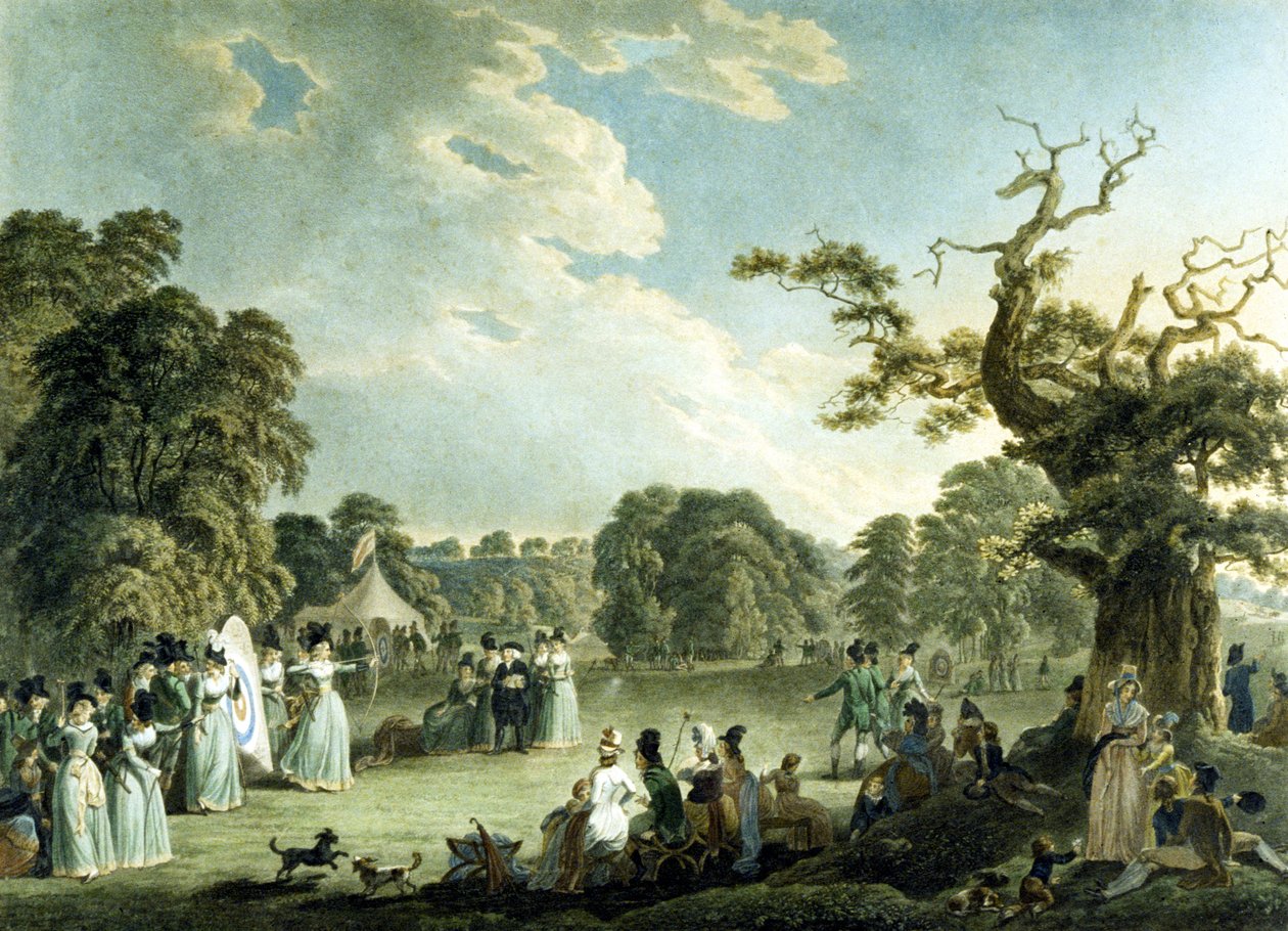 Society of Royal Archers, gravert av Cornelius Apostool (1762-1844) 1794 (farge litho) av Robert and Emes John Smirke