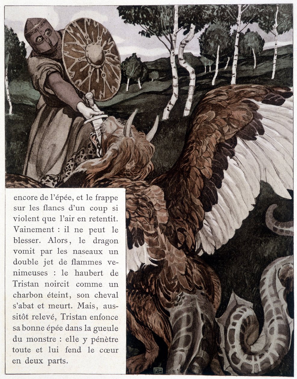 Tristan kjemper med en drage - i "The Roman by Tristan and Iseult" av J. Bédier, illustrert av Robert Engels, Art Edition, Paris av Robert Engels