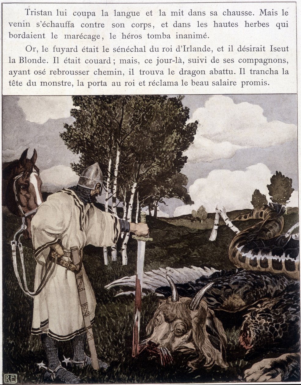 Tristan nær den døde dragen - i "" Le Roman de Tristan et Iseult"" av Bédier ill. av Robert Engels, red. of Art, Paris av Robert Engels