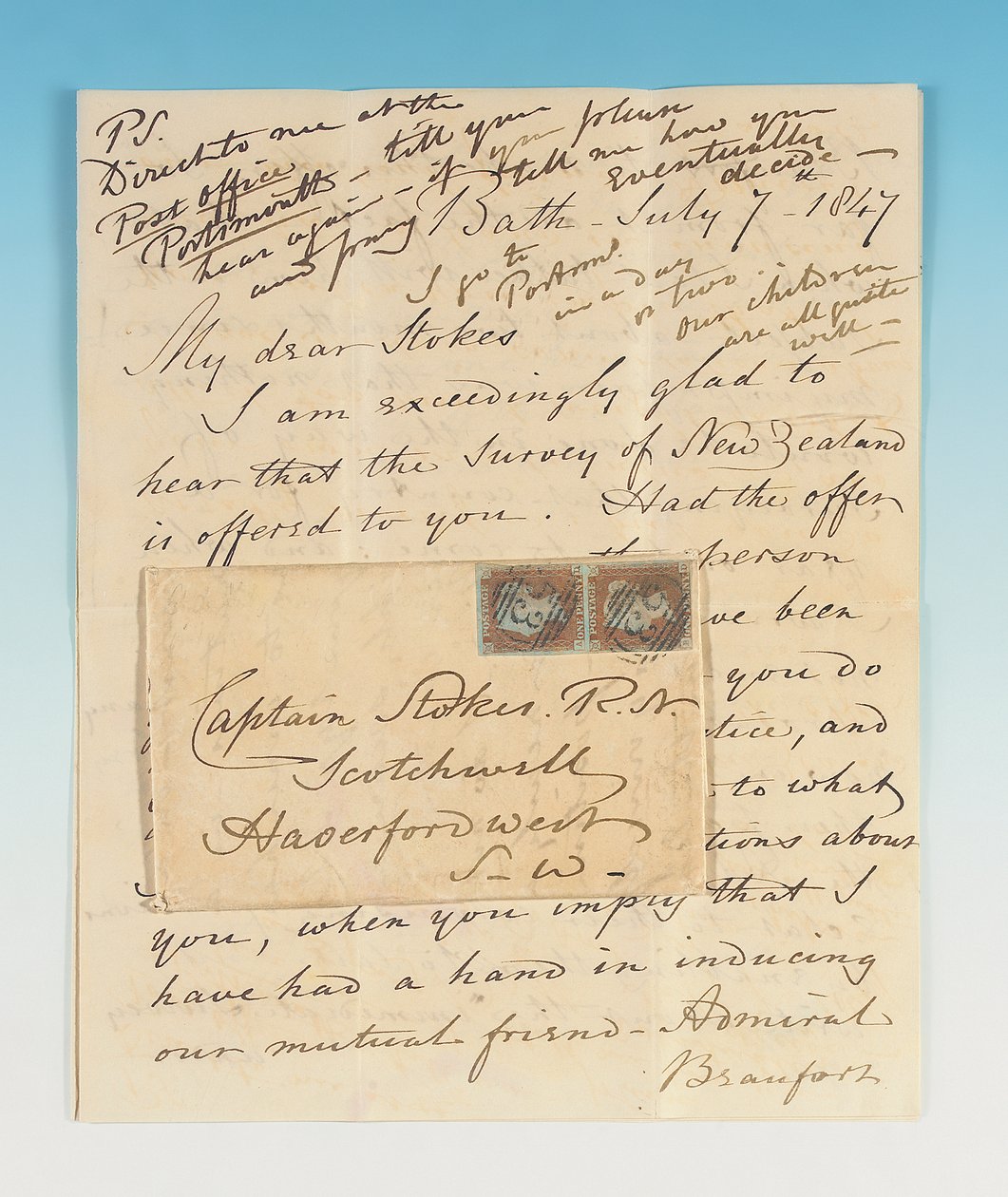 Autografbrev signert til John Lort Stokes, Bath, 7. juli 1847 av Robert Fitzroy