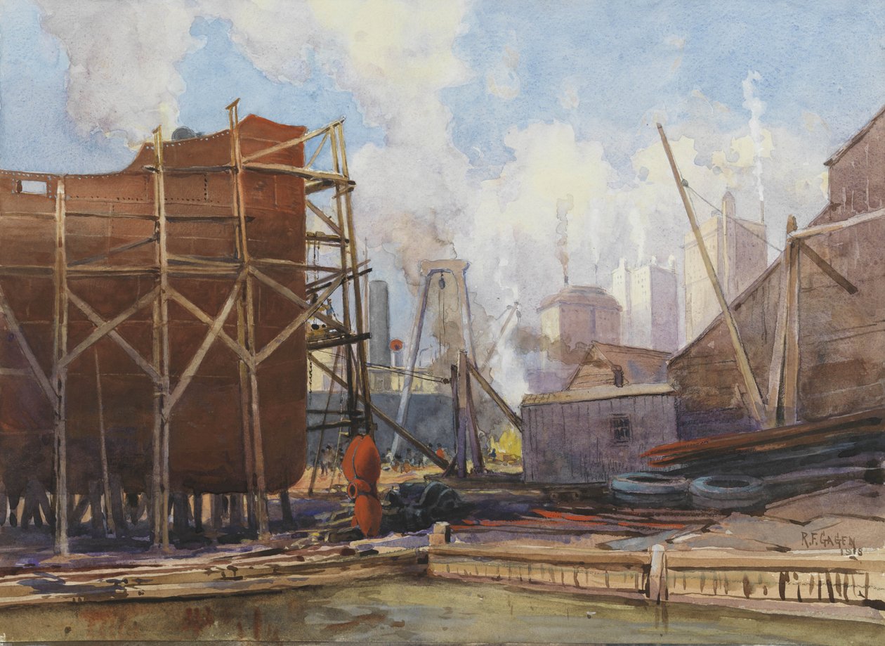 Toronto Shipbuilding, 1918 (wc på papir) av Robert Ford Gagen