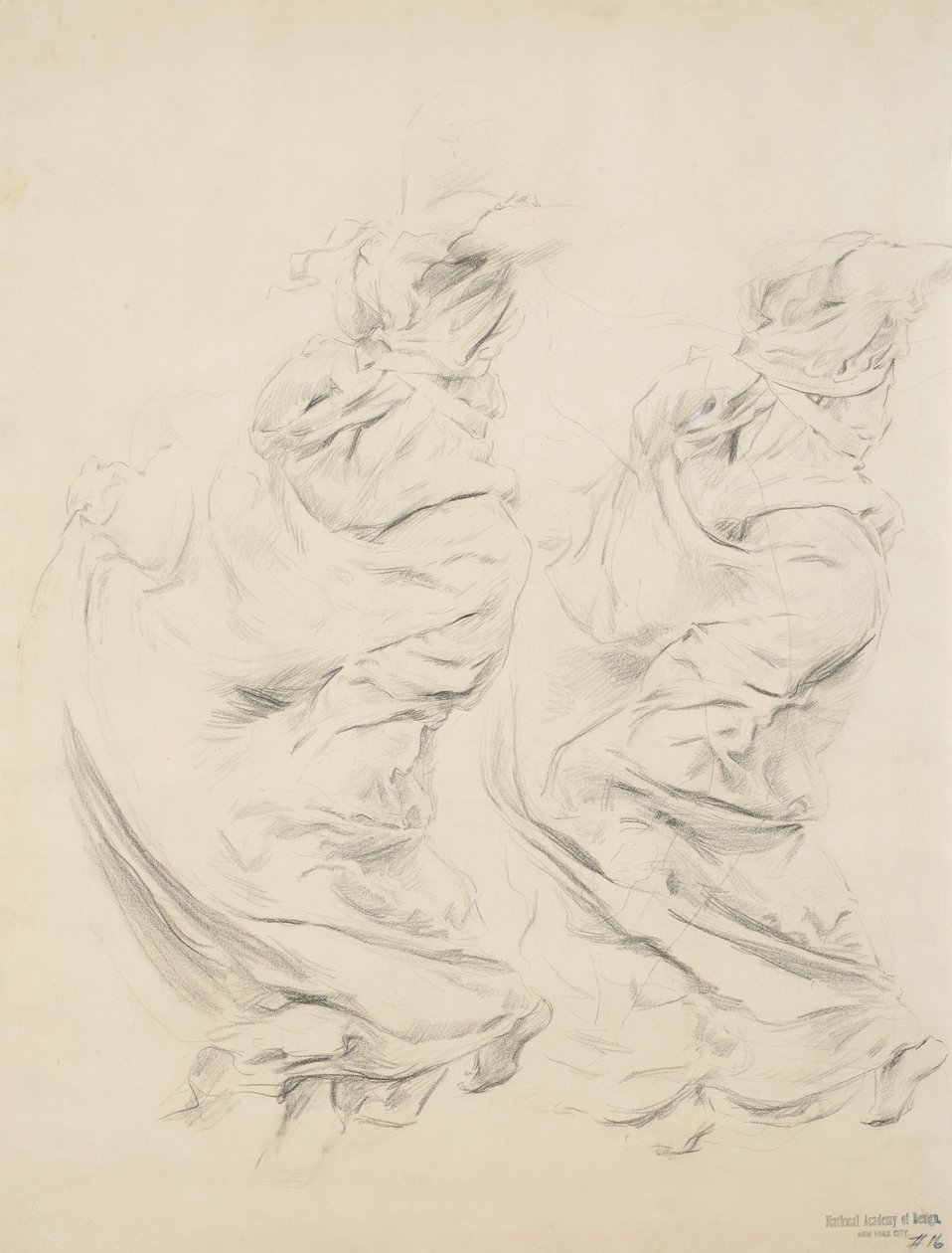 Skisse av draperi muligens for Moods to Music veggmaleri, 1893-95 (grafitt og gul blyant på buffvevd papir) av Robert Frederick Blum