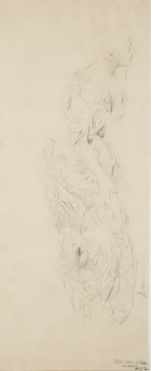 Skisse av kvinne i kjole med blomstertrykk, muligens for Moods to Music-veggmaleri, 1893-98 (grafitt og gul blyant på gulfarget papir) av Robert Frederick Blum