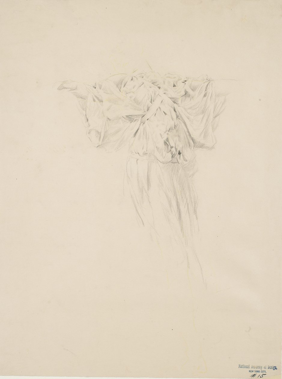 Studie av draperi for Moods to Music veggmaleri, 1893-95 (grafitt med gul blyant på buffvevet papir) av Robert Frederick Blum