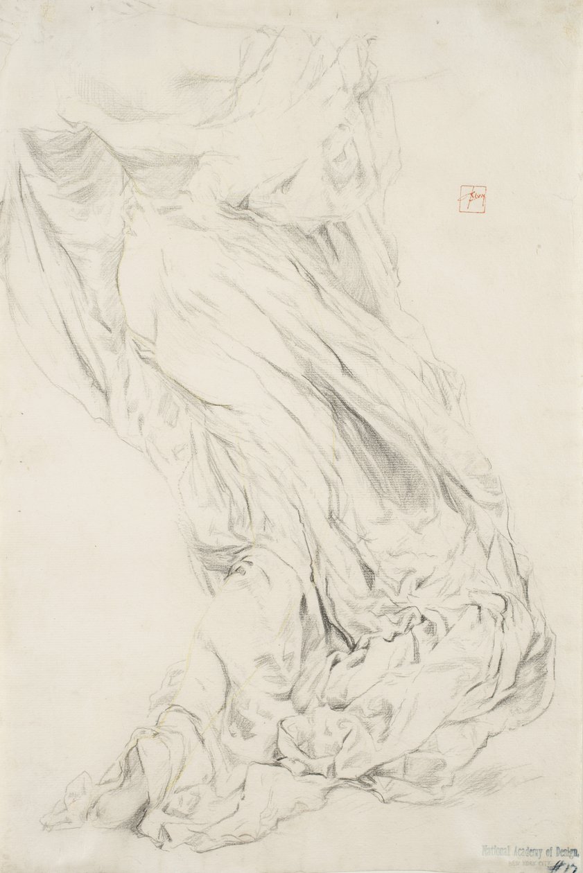 Studie av draperi for Moods to Music veggmaleri, 1893-95 (grafitt med gul blyant på kremfarget papir) av Robert Frederick Blum
