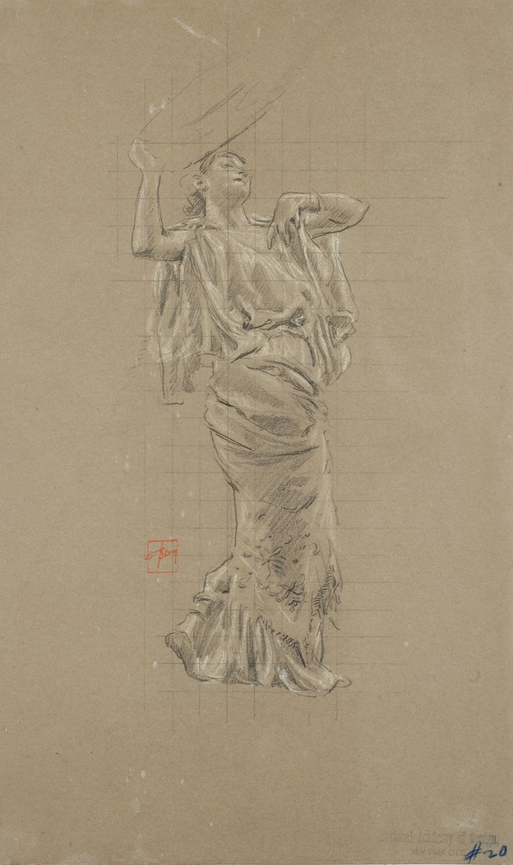 Studie av kvinneskikkelse for Moods to Music veggmaleri (svart og hvitt kritt på papir) av Robert Frederick Blum