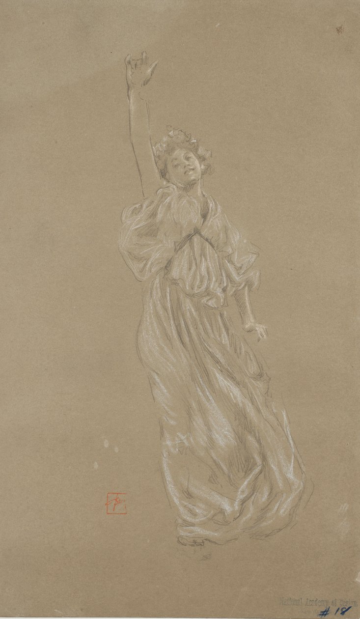 Studie av stående drapert kvinneskikkelse, for Moods to Music veggmaleri (svart-hvitt kritt på papir) av Robert Frederick Blum