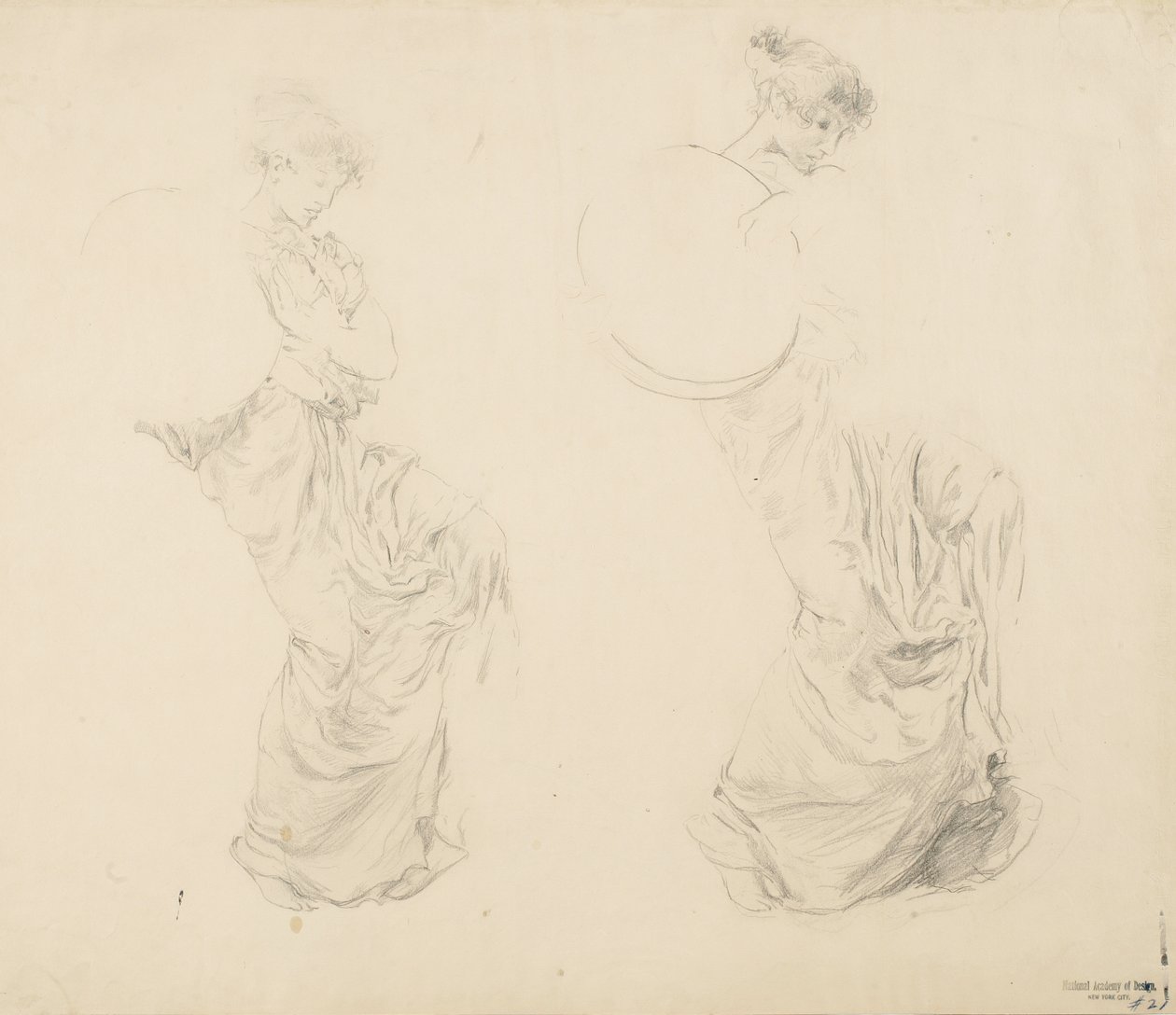 Studie av to kvinnelige figurer for Moods to Music veggmaleri, 1893-95 (grafitt med rød blyant på buffvevd papir) av Robert Frederick Blum