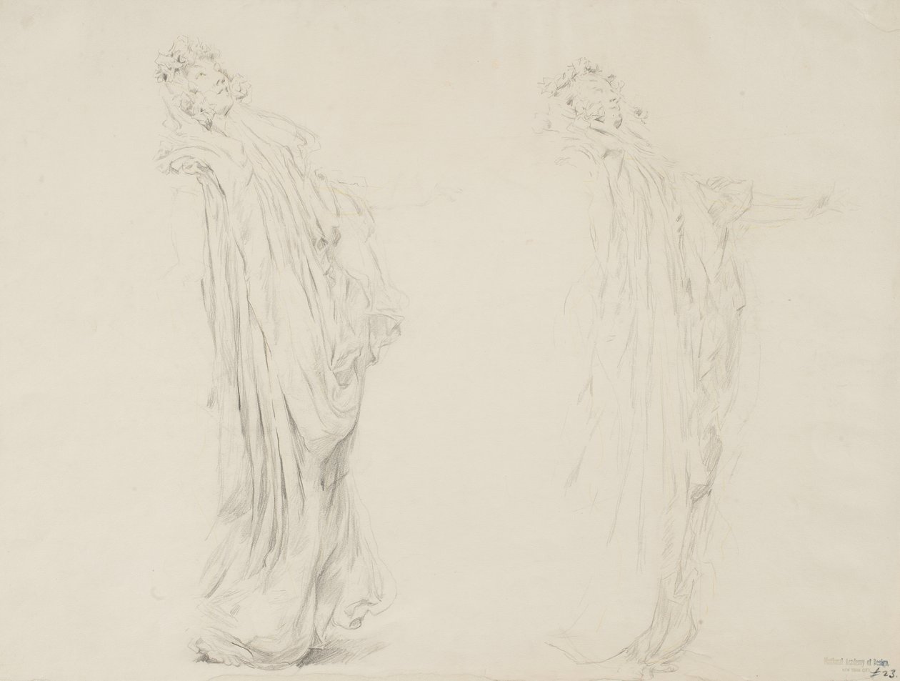 Studie av to kvinnelige figurer for Moods to Music veggmaleri, 1893-95 (grafitt med gul blyant på kremvevd papir) av Robert Frederick Blum