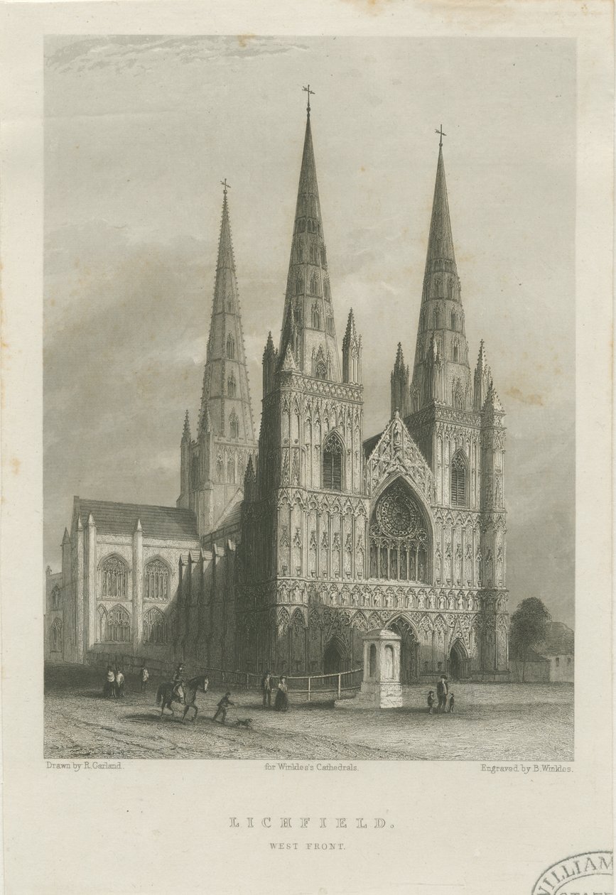 Lichfield Cathedral - West Front: stålgravering, nd [c 1835-1842] (trykk) av Robert Garland