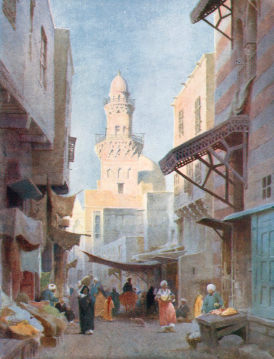 Gamalieh og Sultan Babaas-moskeen, Kairo (fargelitografi) av Robert George Talbot Kelly