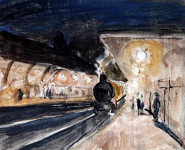 Brentwood Station, ca. 1920 (blyant, blekk, akvarell og kroppsfarge på papir) av Robert Graham Dryden Alexander