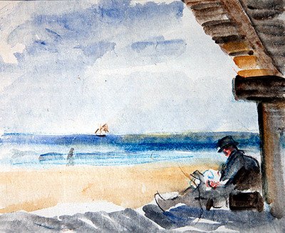 Reading on the Beach (akvarell og kull på papir) av Robert Graham Dryden Alexander