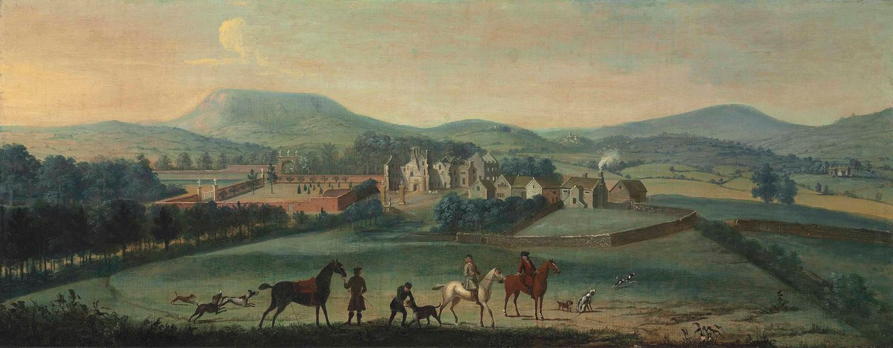 En utsikt over den ødelagte Westby Hall, Yorkshire, med et jaktselskap i forgrunnen av Robert Griffier