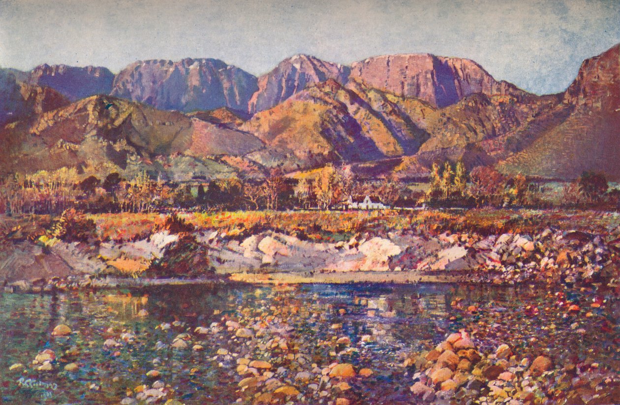 Wemmers Hoek-fjellene Wemmershoek fra Berg-elven, Cape Western Province, 1900-tallet av Robert Gwelo Goodman