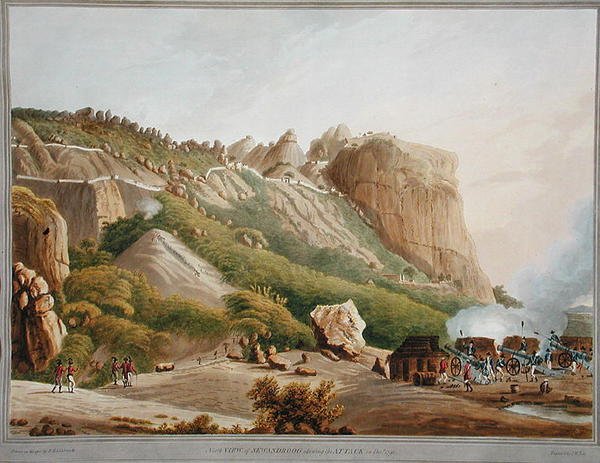 North View of Sewandroog som viser angrepet i desember 1791, illustrasjon fra 