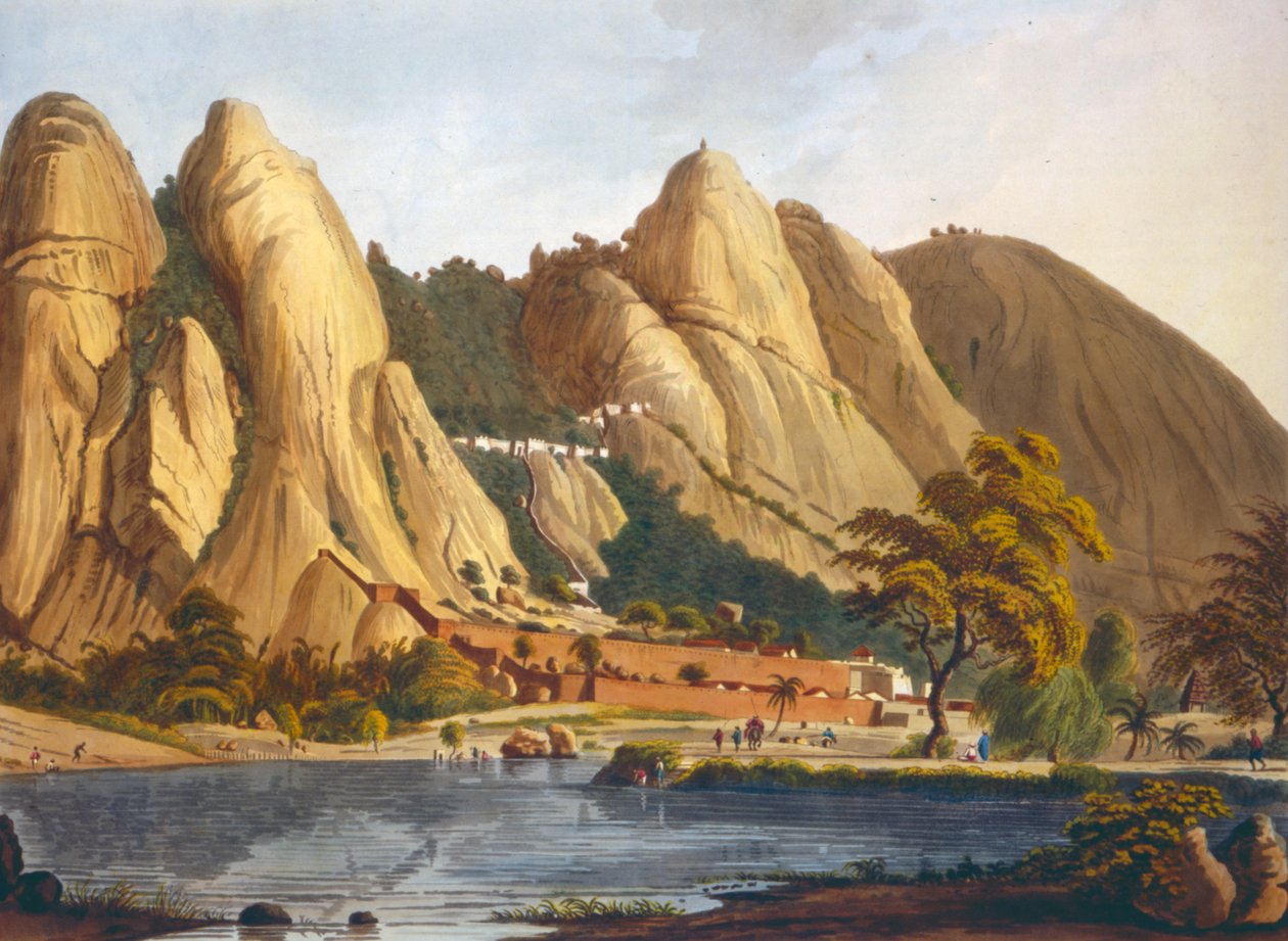Sørvisning av Sewandroog, illustrasjon fra Twelve Views of Mysore, landet Tippoo Sultan gravert og farget av J.W. Edy, utgitt 1804 (farget akvatint) av Robert H. Colebrooke