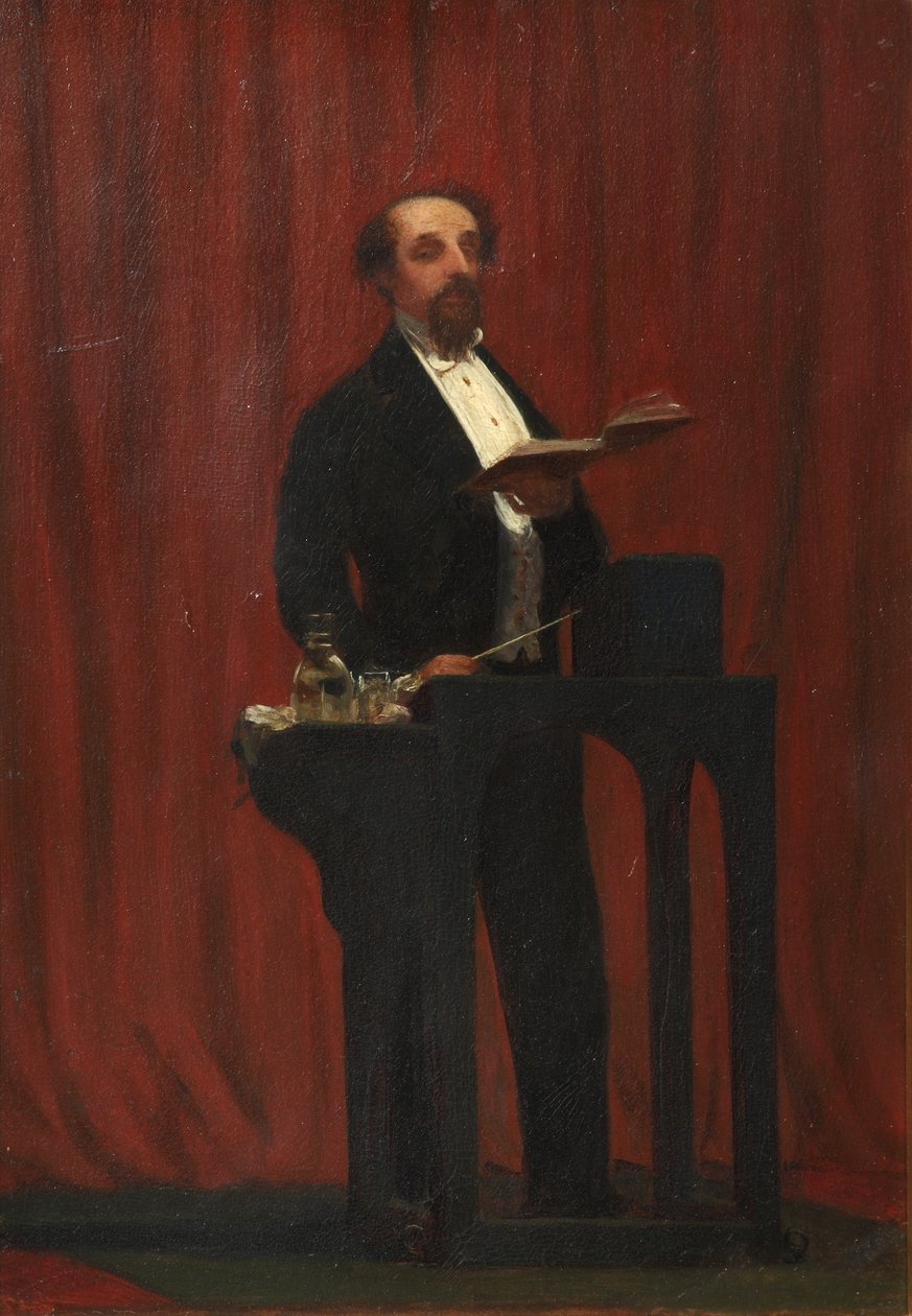 Charles Dickens holder en offentlig lesning, 1858 (olje på elfenben) av Robert Hannah