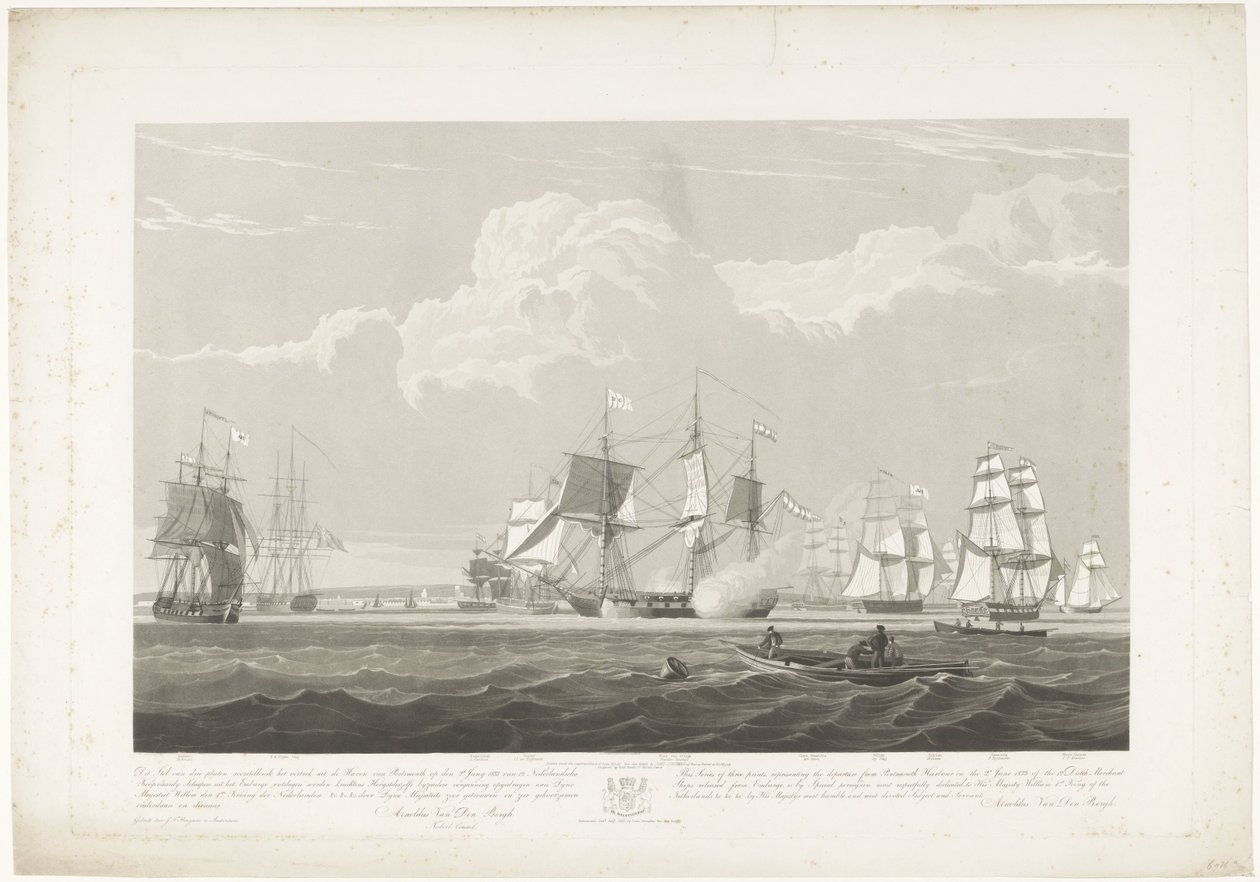 Avgang av tolv nederlandske handelsskip fra Portsmouth havn, 1833 (Plate 3) Dette settet med tre plater som viser avgangen fra Portsmouth havn den 2. juni 1833 av 12 Nederlandsche Koopvaardy-skip fra Embargo losset av Robert Havell (II)