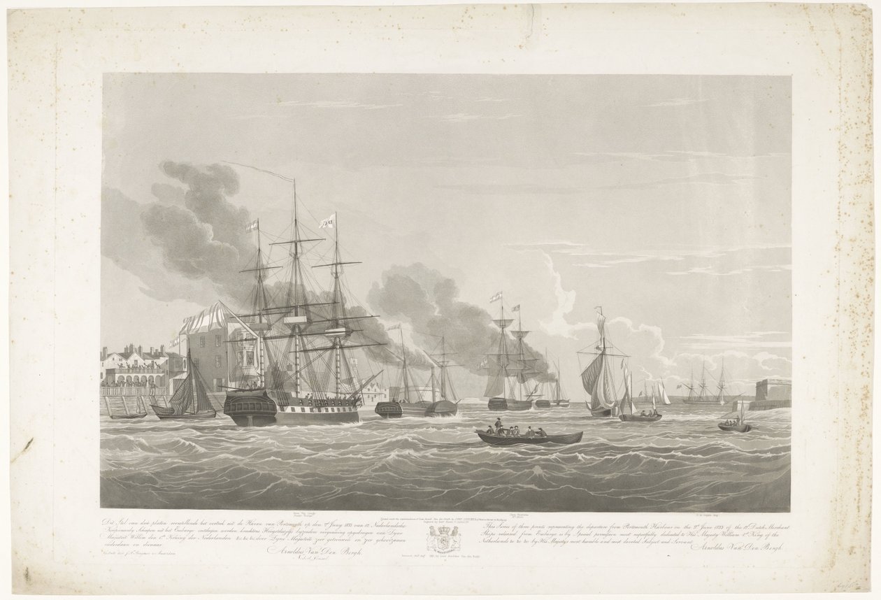 Avgang av tolv nederlandske handelsskip fra Portsmouth Harbour, 1833 (Plate 2) Dette settet med tre plater som viser avgangen fra Portsmouth havn den 2. juni 1833 av 12 Nederlandsche Koopvaardy-skip fra Embargo losset av Robert Havell (II)