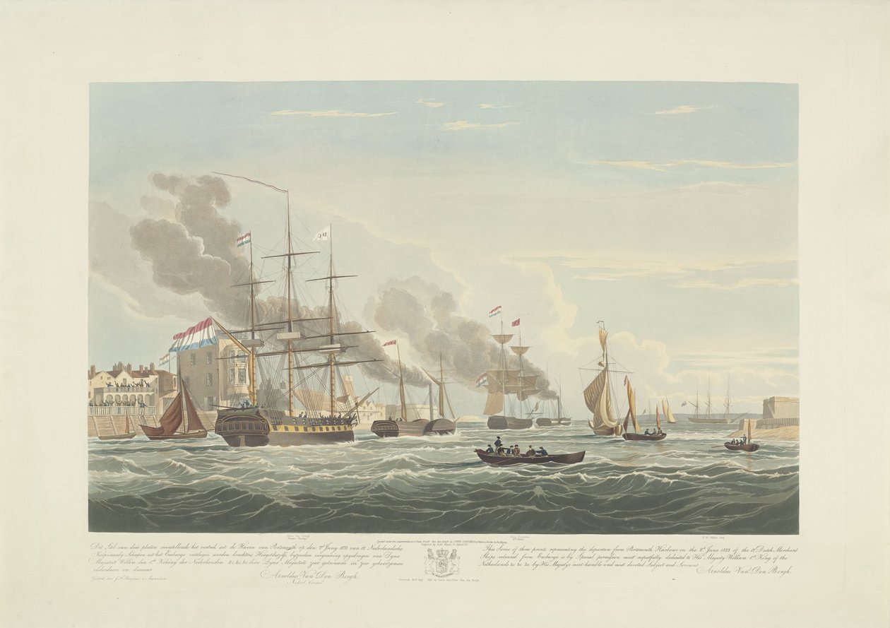 Avgang av tolv nederlandske handelsskip fra Portsmouth Harbour, 1833 (Plate 2) Dette settet med tre plater som viser avgangen fra Portsmouth havn den 2. juni 1833 av 12 Nederlandsche Koopvaardy-skip fra Embargo losset av Robert Havell (II)
