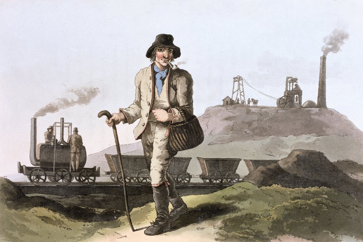 Blenkinsop damplokomotiv ved Middleton colliery nær Leeds, West Yorkshire, 1814 av Robert Havell