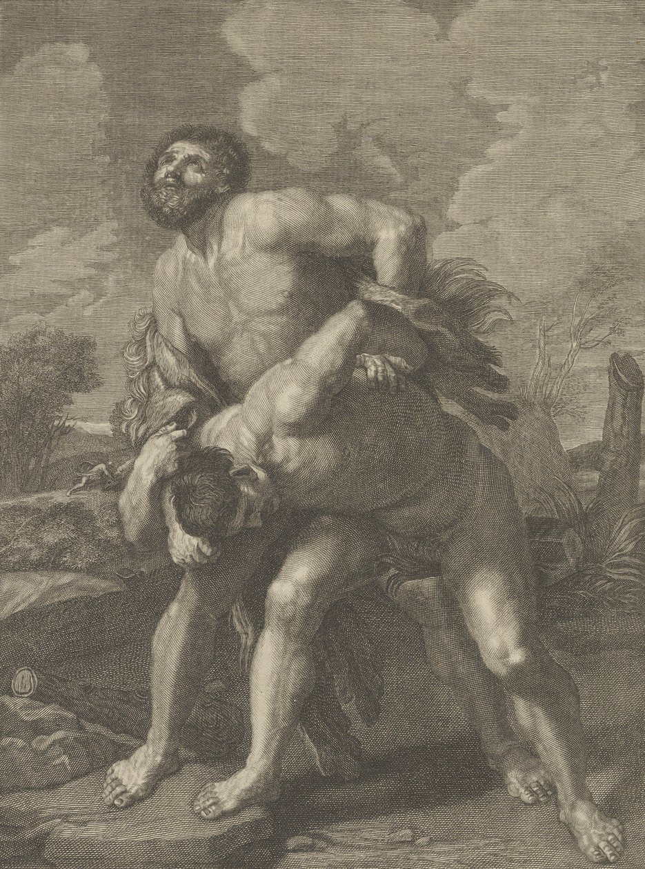 Hercules iført løveskinn og kjemper mot Achelous, et landskap i bakgrunnen, ..., ca. 1713-72. av Robert Hecquet