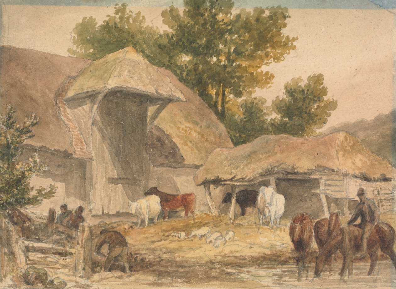 Gårdsplass med hester som venter av Robert Hills