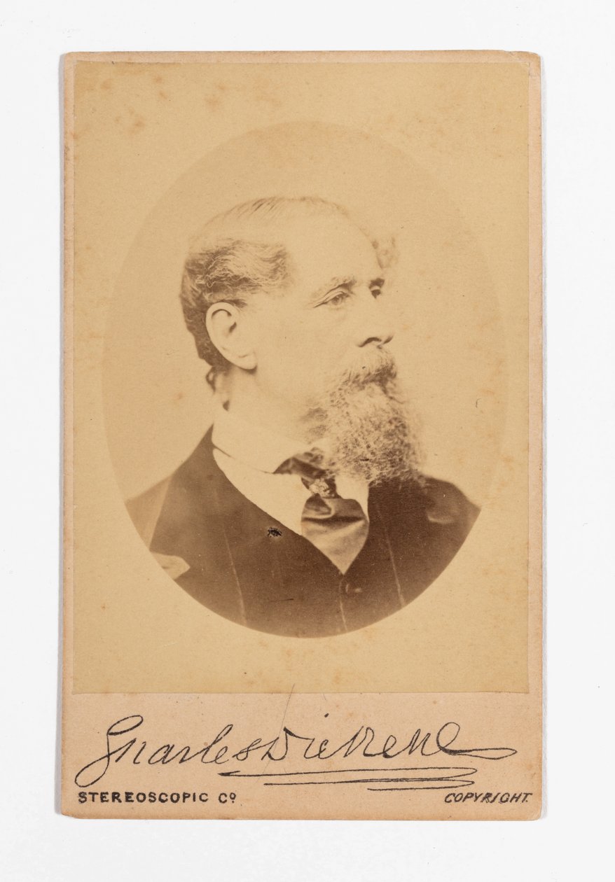 Carte de visite av Charles Dickens med Dickens signatur av Robert Hindry Mason