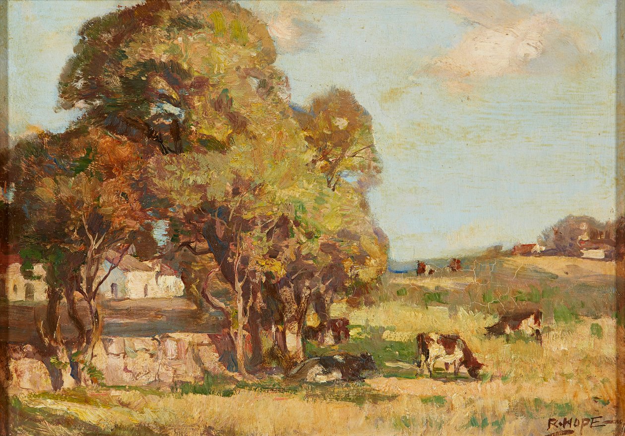 Storfe beiter i et pastoralt landskap (olje om bord) av Robert Hope