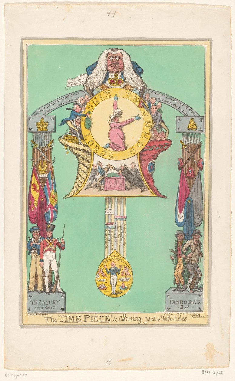Klokke med dronningen på skiven, 1820 Tidsstykket! & utspekulert Jack på begge sider av Robert Isaac Cruikshank