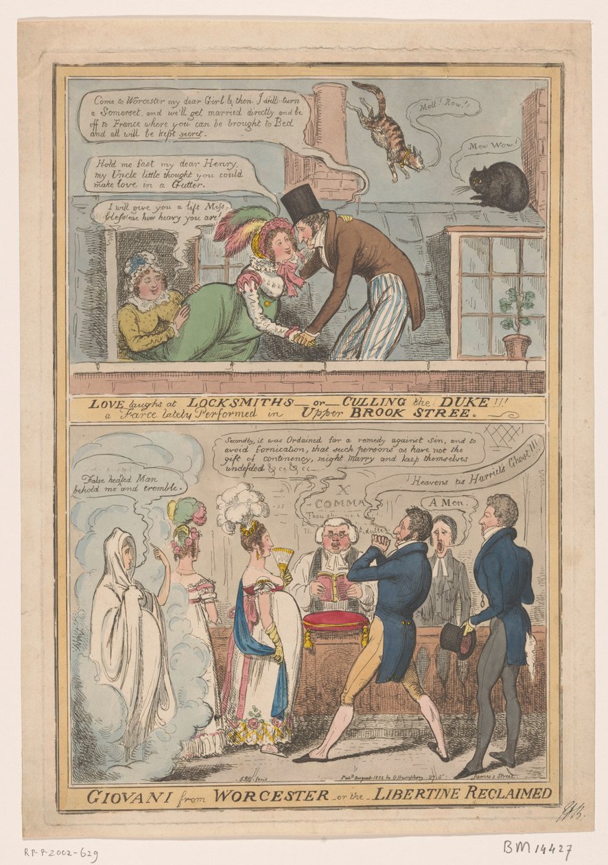 Spotprent over ekteskapet av de markies av Worcester og Anne Francis Culling Smith, 1822 Kjærlighet ler av Låsesmeder -eller- dreper hertugen!!! en farse nylig fremført i Upper Brook Street / Giovani fra Worcester -eller- libertineren gjenvunnet (tittel på av Robert Isaac Cruikshank
