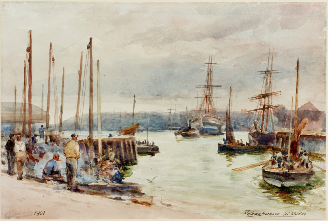 Fiskehavn, North Shields (blyant og akvarell på papir) av Robert Jobling